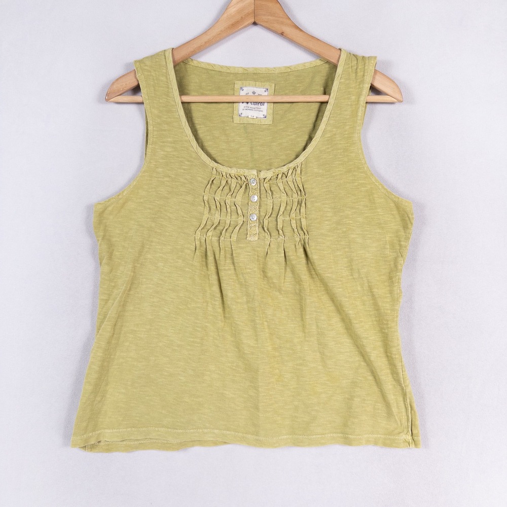 Mistral Tank Top Womens UK 12 US M Green Pintuck Slub Knit Boho Cottagecore *